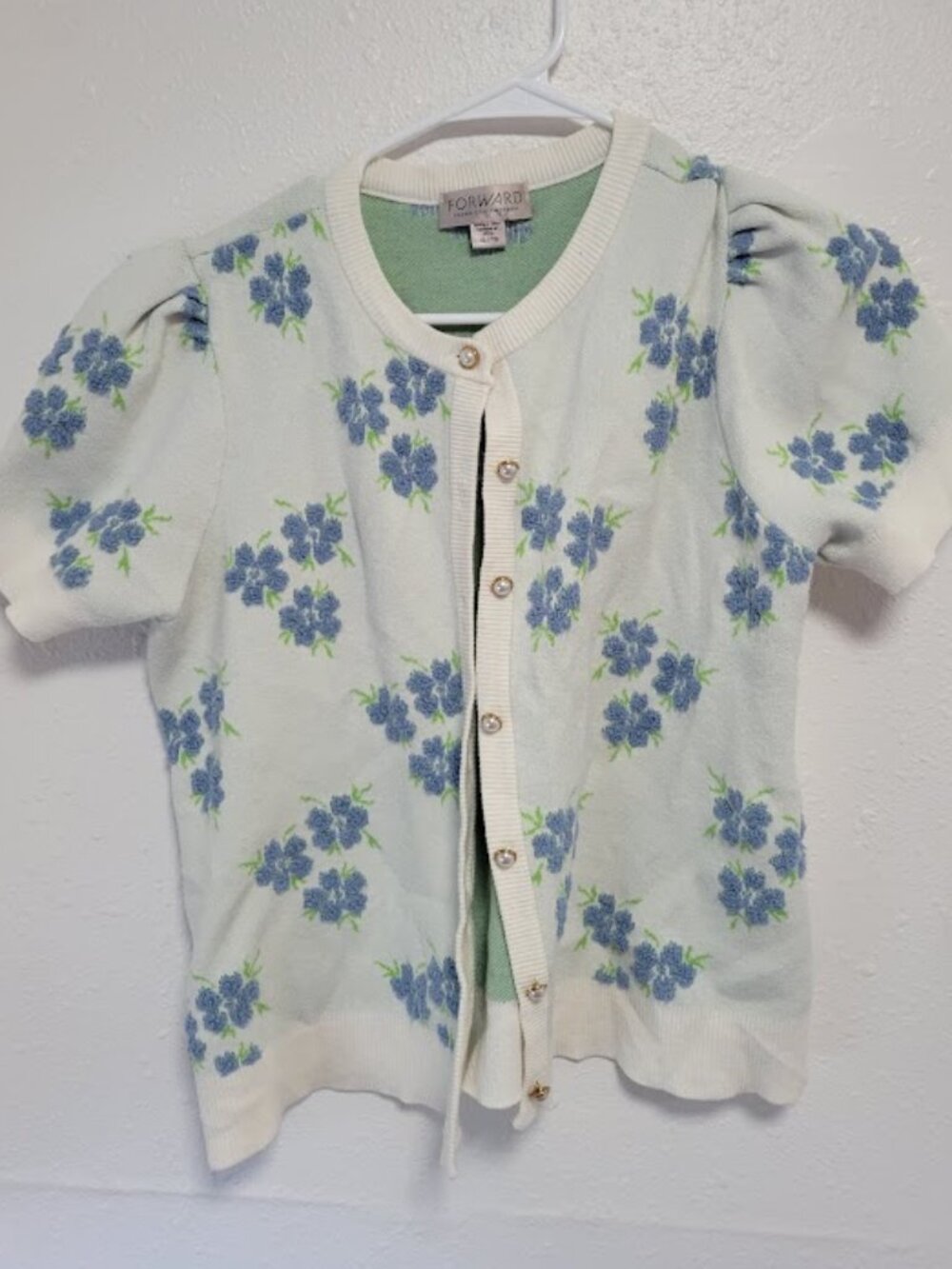 Forward Young Contemporary Floral Cardigan Women's XL Blue White Puff Sleeve
